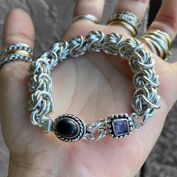 Amethyst & onyx gemstones , handmade maille links bizantine chain bracelet - Picture 11 of 15